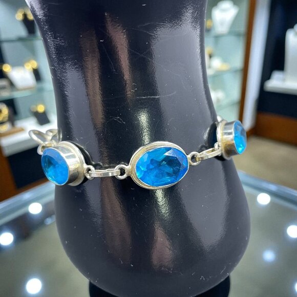 Blue Gemstone Silver Tone Bracelet Mermaidcore Beachcore Coastal Vacation Boho - Picture 1 of 8